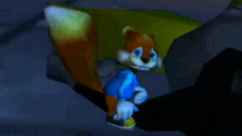 a cartoon squirrel is sitting on top of a rock in a dark room .