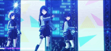 three anime girls are dancing in front of a blue background