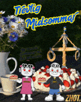 a cartoon of a boy and a girl holding pancakes in front of a cake with strawberries and whipped cream