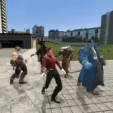a group of cartoon characters are walking down a sidewalk in a video game