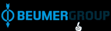 a blue and white logo for beumer group with an arrow pointing up
