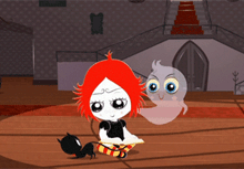 a girl with red hair is sitting on the floor with a ghost and a black cat