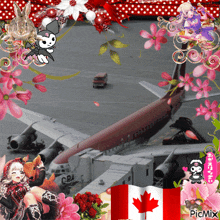 a picture of an airplane with flowers and a canadian flag in the foreground
