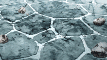 a painting of a cracked ice surface with a few rocks in it