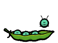 a cartoon drawing of a green peas pod with smiley faces on it