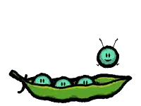 a cartoon drawing of a green peas pod with smiley faces on it