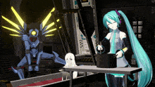 hatsune miku is cooking with a pot in front of a robot with wings