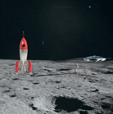 a rocket and a space ship are on the moon with an astronaut in the background