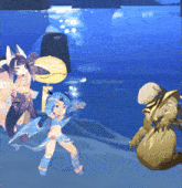 a cartoon drawing of a girl with blue hair standing next to a fish