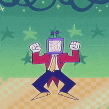 a cartoon character with a tv on his head is dancing
