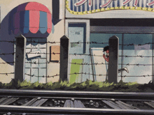 a barbed wire fence surrounds a building with a neon sign that says ' a ' on it
