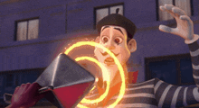 a cartoon character with a beret and striped shirt is holding a red box
