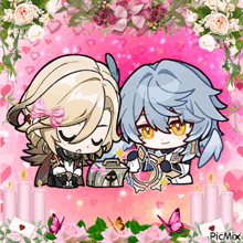 a couple of anime characters are sitting next to each other on a pink background with flowers and candles