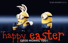 two minions wearing bunny ears and goggles are standing next to each other and holding a basket .
