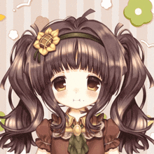a girl with pigtails and a flower on her head