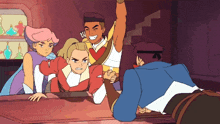 a group of cartoon characters are standing around a table and one of them is holding another person 's hand