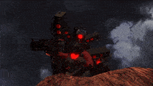 a robot with a red heart on his chest is holding a large gun