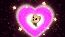 a doge is flying through a pink heart in space