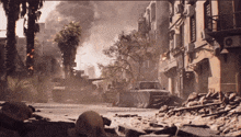 a destroyed city street with a few buildings and a tank