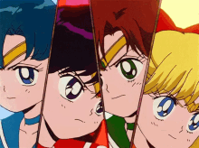 a group of cartoon characters are standing next to each other