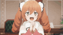 a girl with orange hair and white bows on her hair