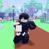 a cartoon character is walking down a path in a park