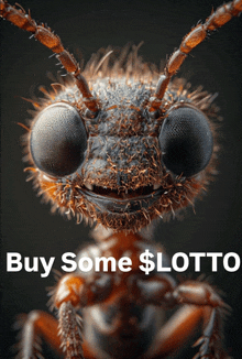 a close up of an ant with the words buy some $ lotto on the bottom