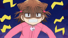 a girl in a pink sweater has a very angry face