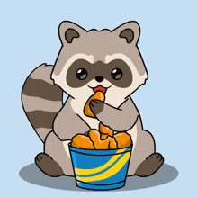a cartoon of a raccoon eating chicken nuggets from a blue and yellow bucket