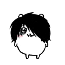 a black and white drawing of a hamster with black hair and a circle in its eye .