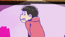 a cartoon character in a red hoodie is standing in front of a pink wall .