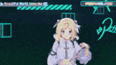 a blonde anime girl is dancing in front of a sign that says beautiful world .