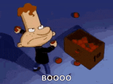 a cartoon character is standing next to a box of tomatoes and saying booo