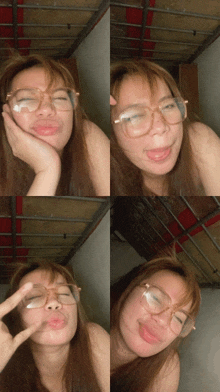 a woman wearing glasses is making a face with her tongue out