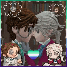 a couple of cartoon characters looking at each other with a heart in the middle