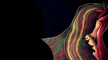 a colorful drawing of a woman covering her face