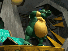 a cartoon character with a large belly is standing on a yellow item