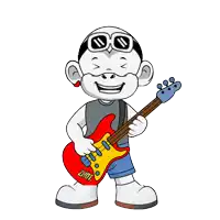 a cartoon character holding a red guitar with the word zhot on it