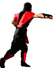 a pixel art of a ninja wearing a red and black outfit and a red mask .