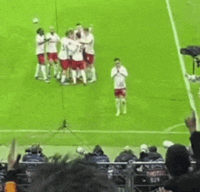 a group of soccer players are gathered on the field and one of them has the number 23 on his shorts