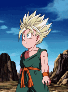 a cartoon character with blonde hair and a green vest