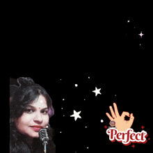 a woman singing into a microphone with the words " amazing voice " behind her