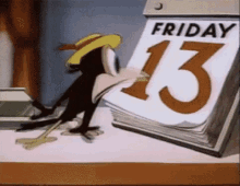 a cartoon bird is looking at a calendar that says friday the 13th