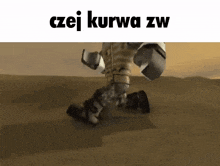 a cartoon character is running in the desert with the words czei kurwa zw written on the bottom