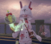 a girl in a bunny costume is holding a balloon and a purse