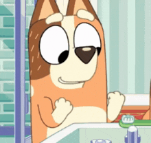 a cartoon dog is standing in front of a bathroom sink .