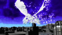 a white dragon is flying over a city in a pixel art .