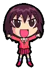 a pixel art of a girl with purple hair and a red shirt .