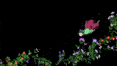 a girl in a green cape is surrounded by flowers and fruits on a black background