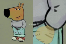 a drawing of a cartoon character and a close up of a cartoon character 's fist .
